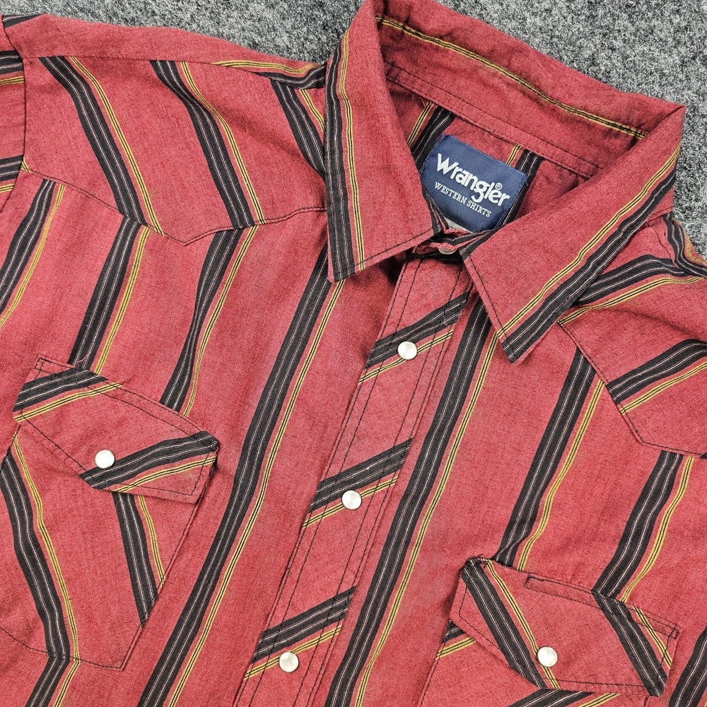 Wrangler Western Shirt Mens XXL Red Black Striped Pearl Snap Short Sleeve Cowboy